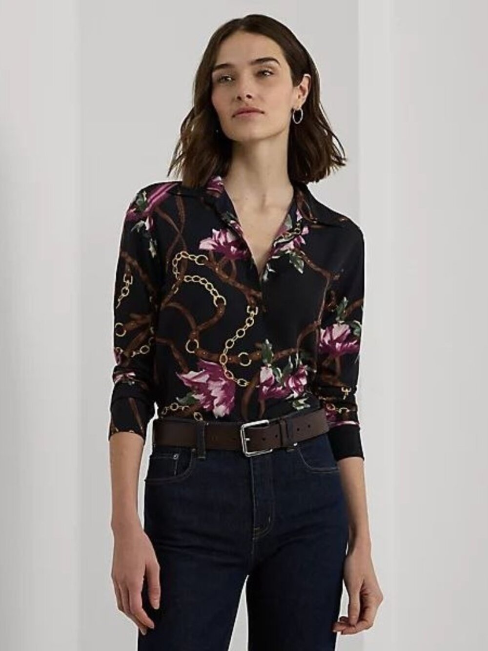 $125 Lauren Ralph Lauren Classic Fit Print Crepe Shirt Size SP